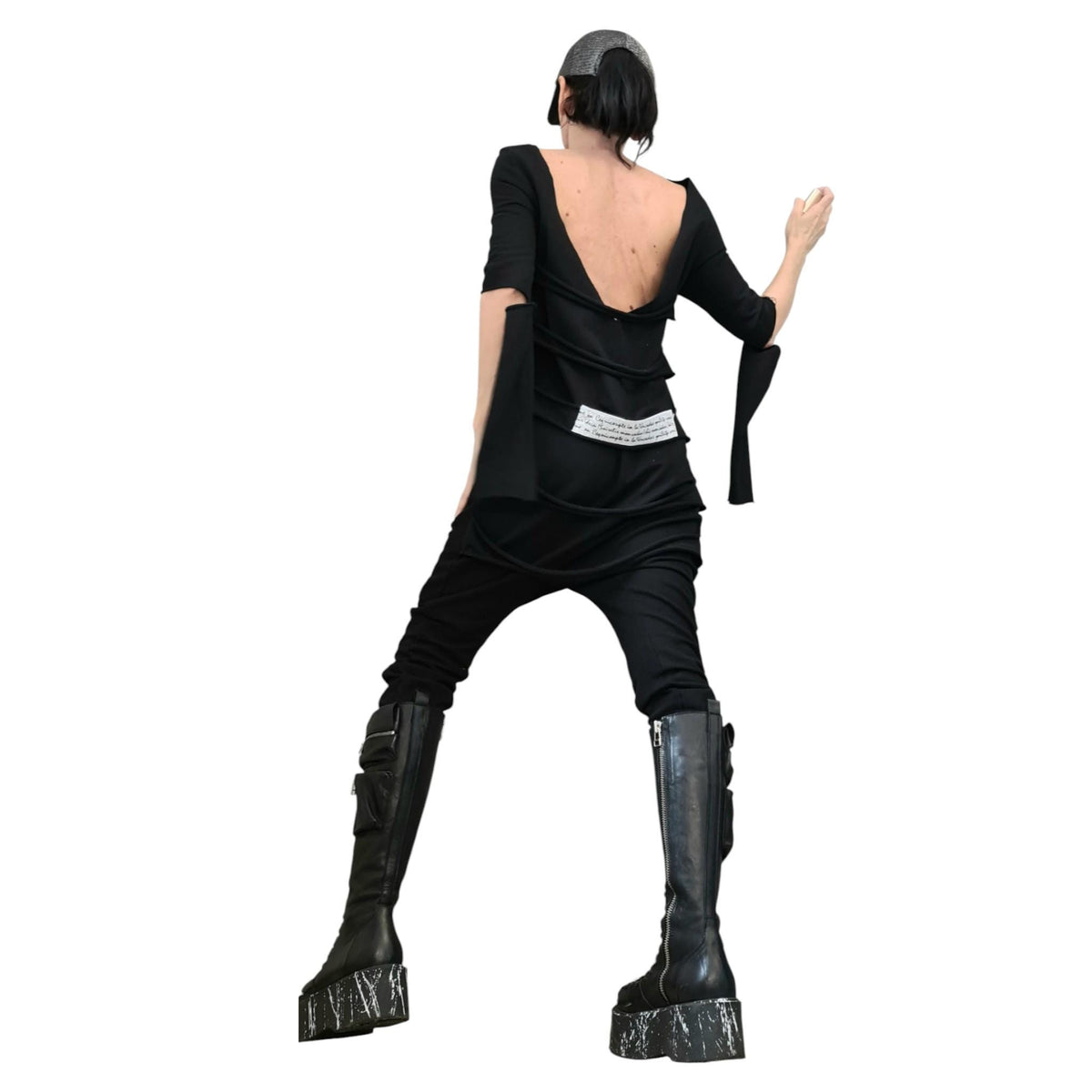 Black Cotton Drop Crotch Jumpsuit, Extravagant Open Back, Slim Fit Gothic Style