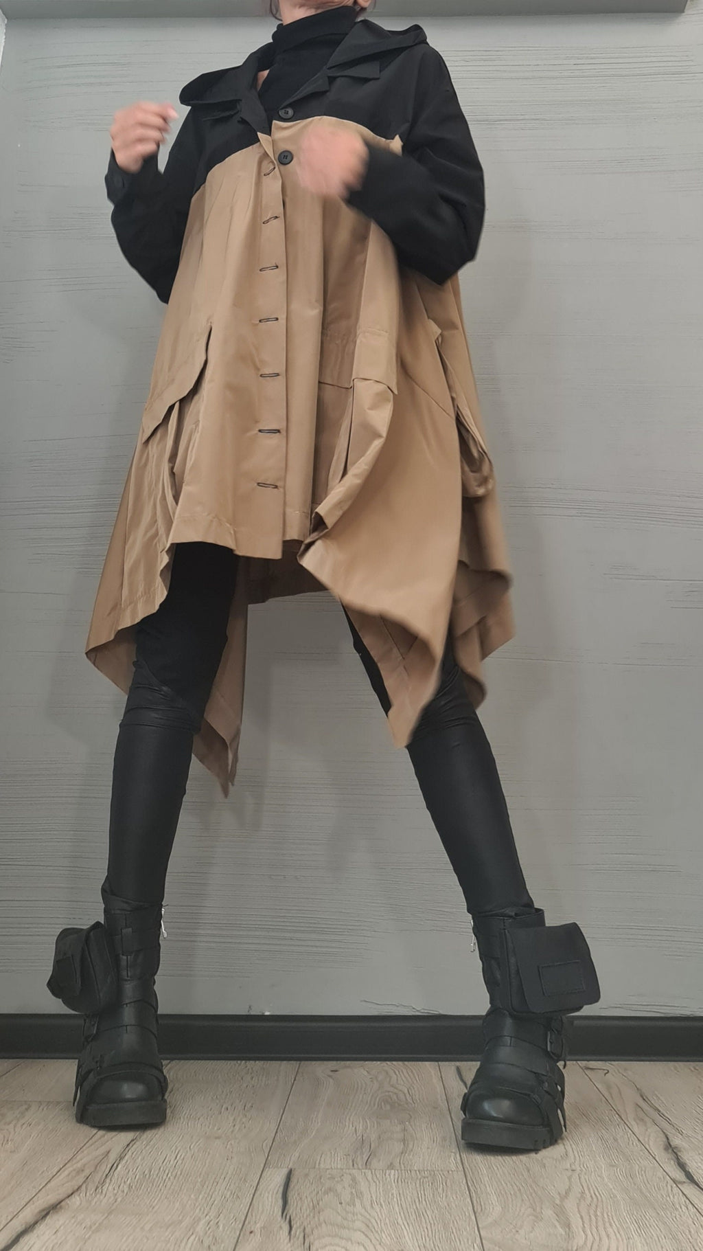 Beige and Black Asymmetrical Hooded Trench Coat, Deconstructed Design, Oversized Patch Pockets