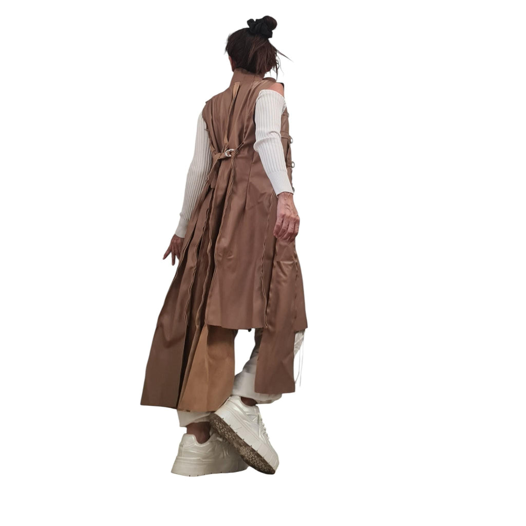 Brown Faux Leather Asymmetrical Maxi Vest, Fitted Sleeveless Coat, Multiple Metal Buckle Closures