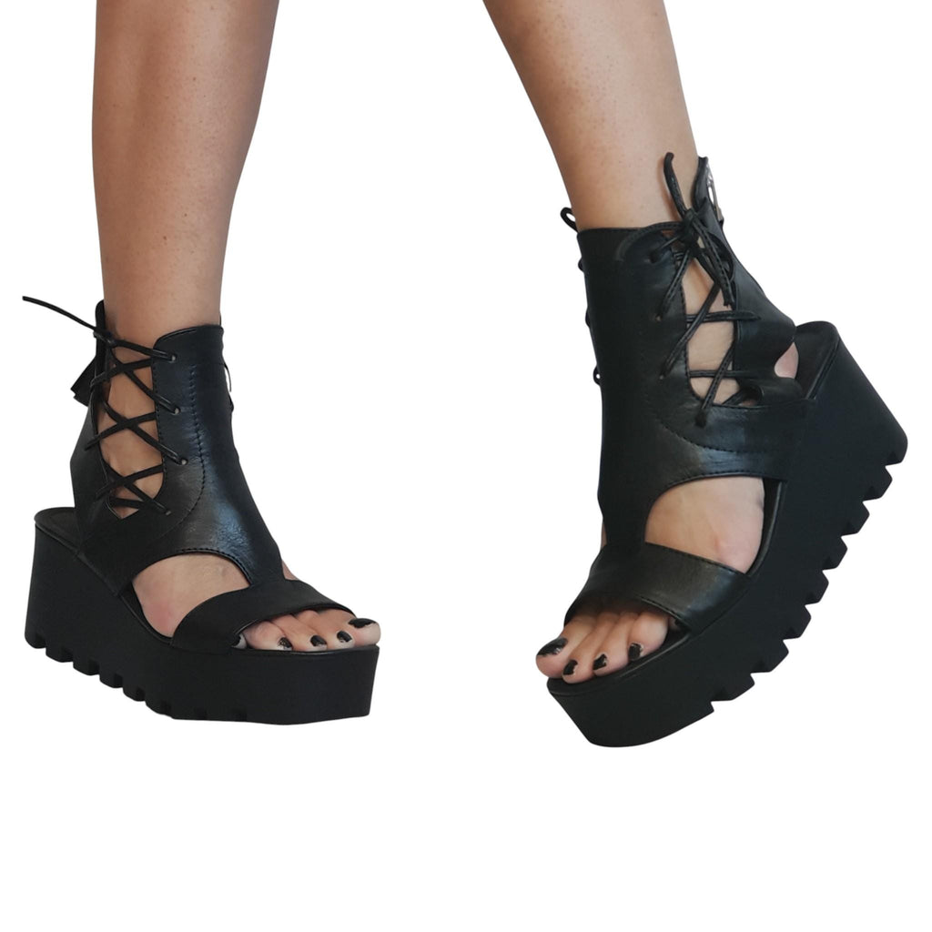 Black Leather Open Toe Platform Wedge Ankle Gladiator Sandals for Women Gothic Style
