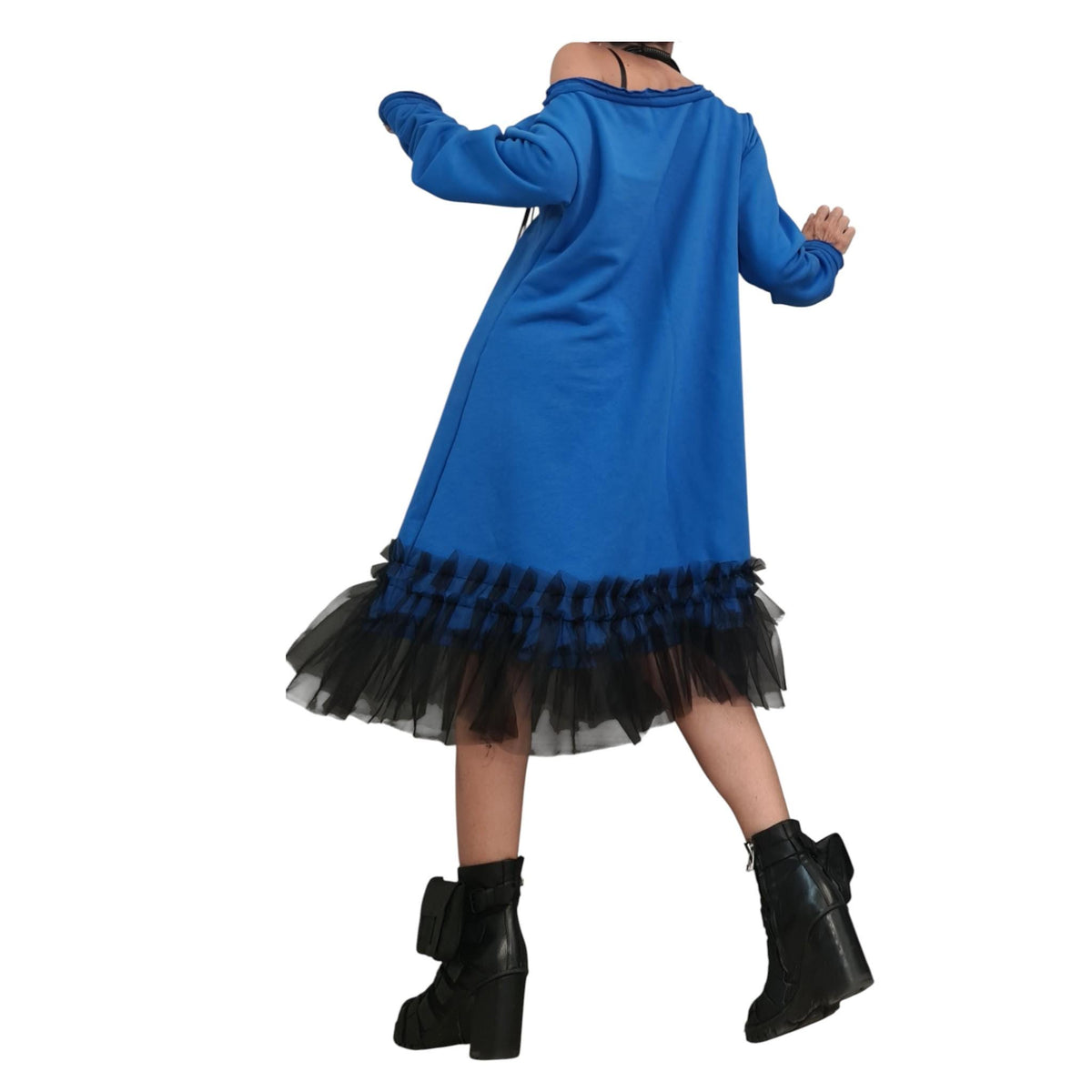 Royal Blue Off Shoulder Dress - Black Tulle Hem, Loose Fit