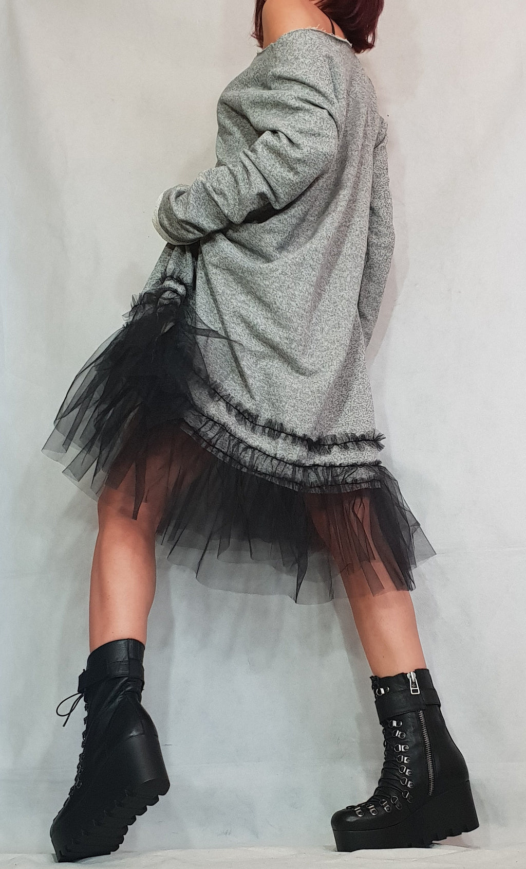 Asymmetrical Cotton Tunic Tulle Hem, Avant Garde Loose Dress, Steampunk Oversize Top, Long Sleeve