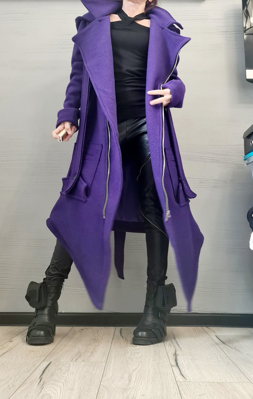 Purple Asymmetric Wool Coat, Long Hooded Jacket with Oversized Patch Pockets, Plus Size