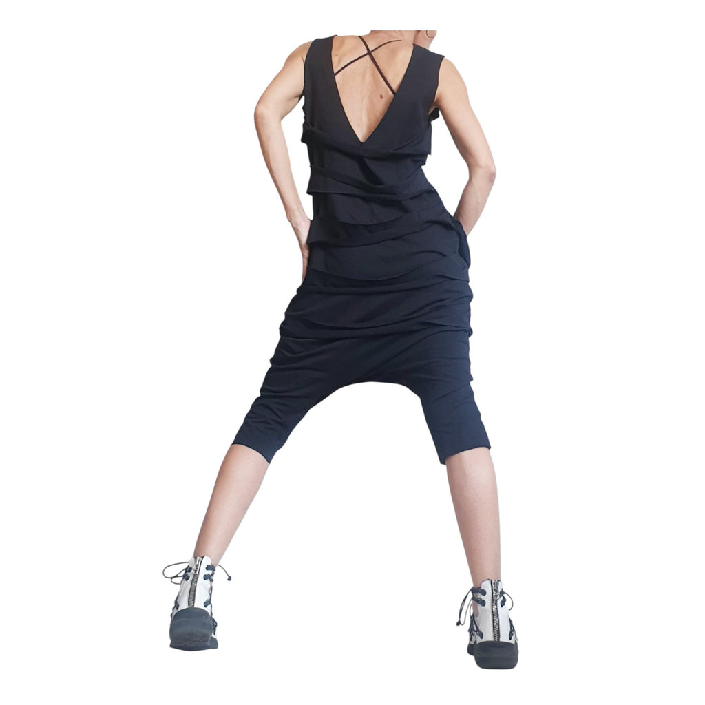 Black Harem Jumpsuit Loose Drop Crotch Women Outfit Asymmetric Oversize Gothic Grunge Clothing
