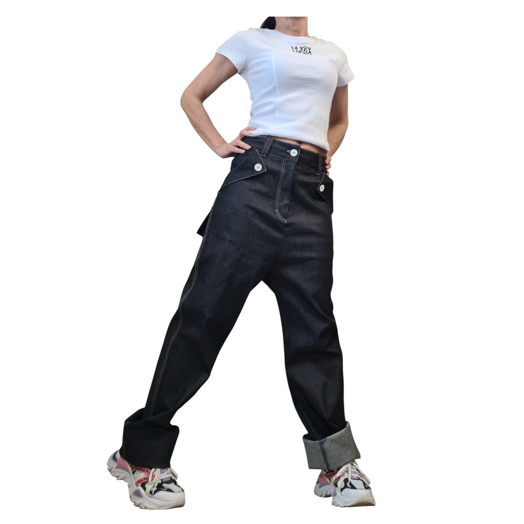 Dark Blue High-Waist Straight-Leg Denim Pants, Avant-Garde Streetwear Trousers