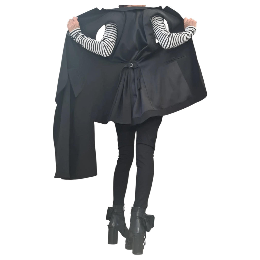 Black Asymmetrical Oversized Vest, Sleeveless Draped Jacket, Extended Side Panel, Waist Tie