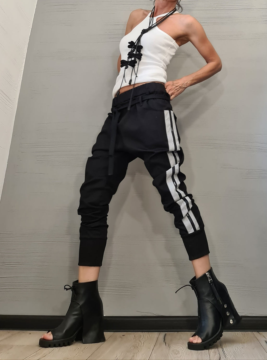 Black Cotton Drop Crotch Pants, Tapered Leg, Slim Fit