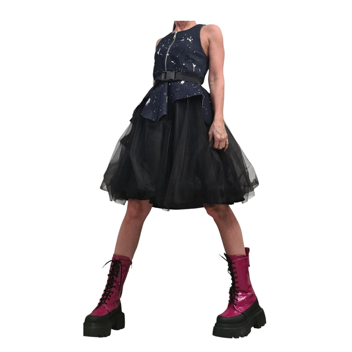 Asymmetric Denim Tulle Dress, Sleeveless Party Dress, Extravagant Design