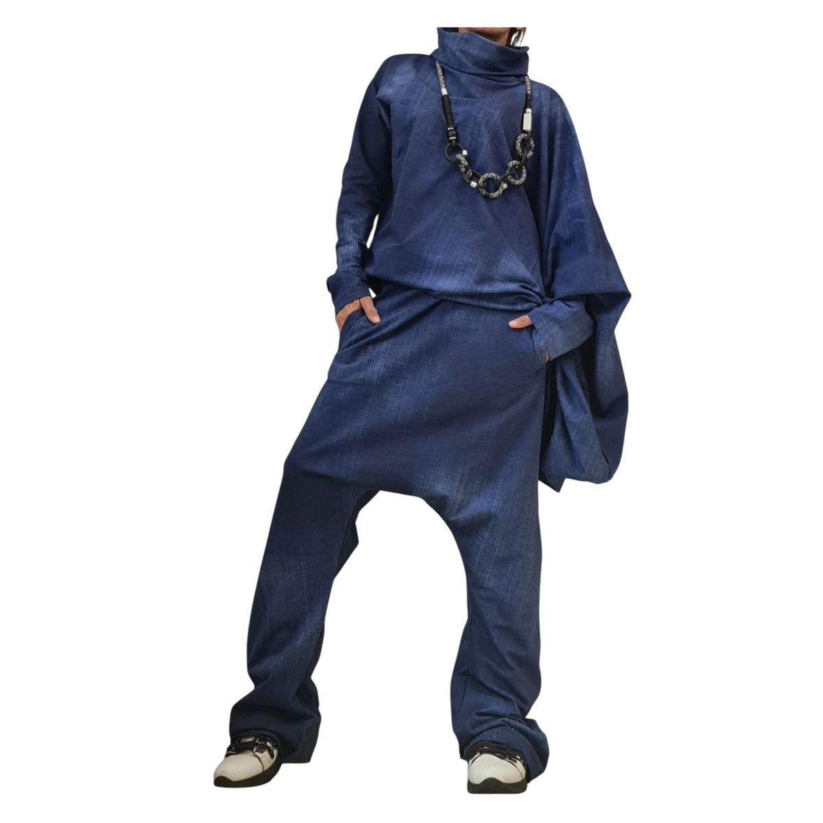 Plus Size Outfit Women, symmetric Sleeve Blouse, Harem Pants, Denim Look Cotton Fabric