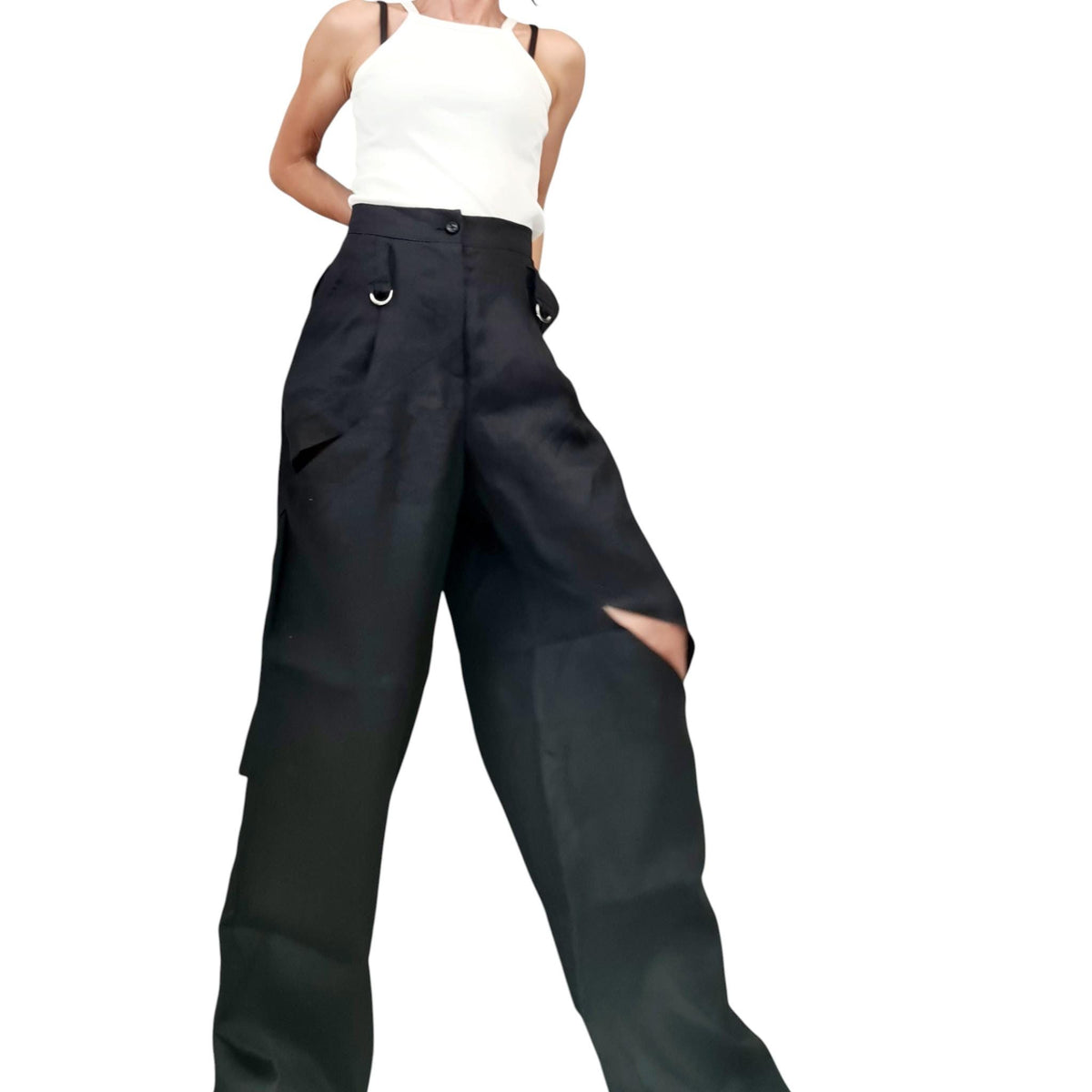 Black Linen Harem Pants for Women, Gothic Wide Leg Trousers with Asymmetric Slits