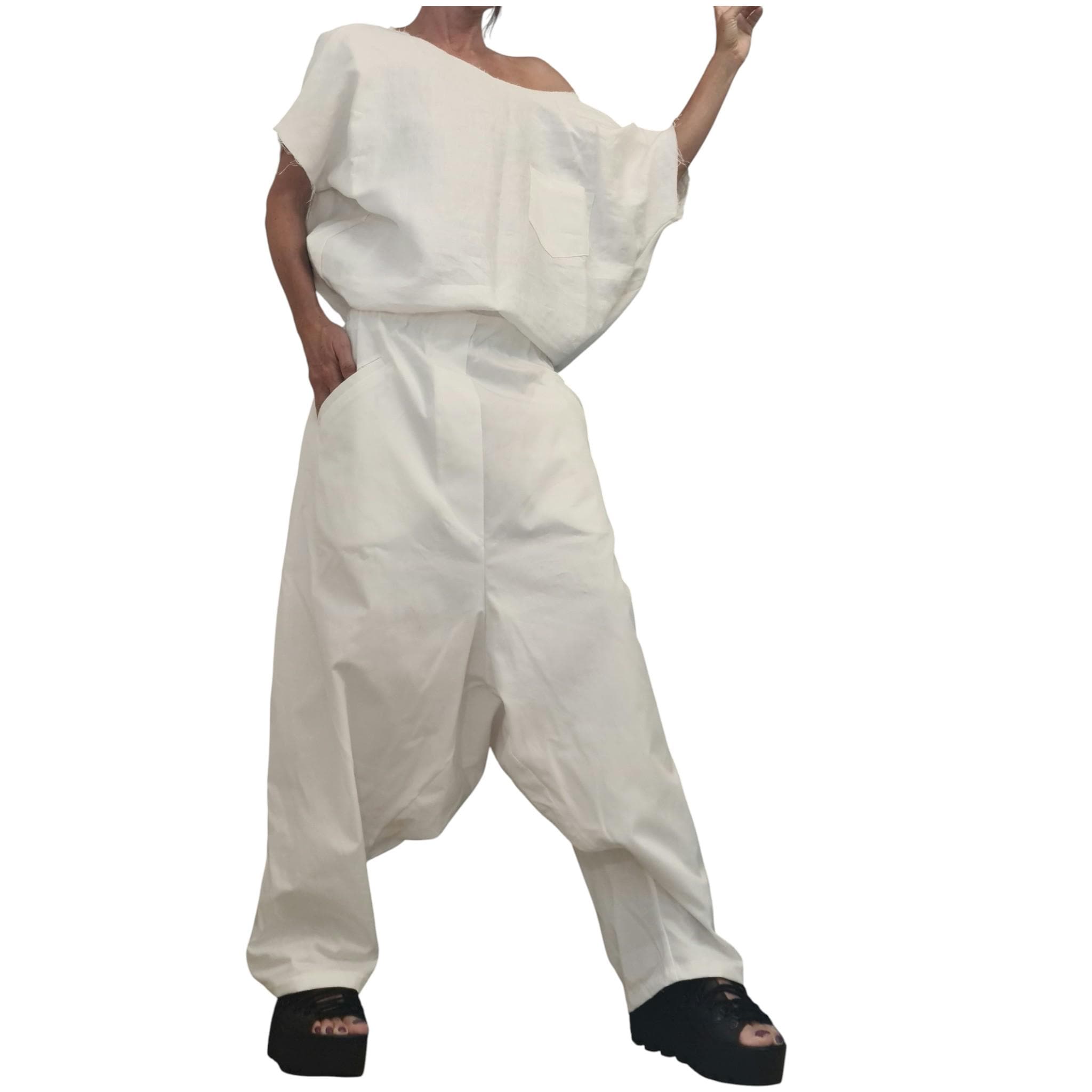 White Linen Harem Jumpsuit, Open Back Drop Crotch Overall, Sleeveless Loose Summer Romper