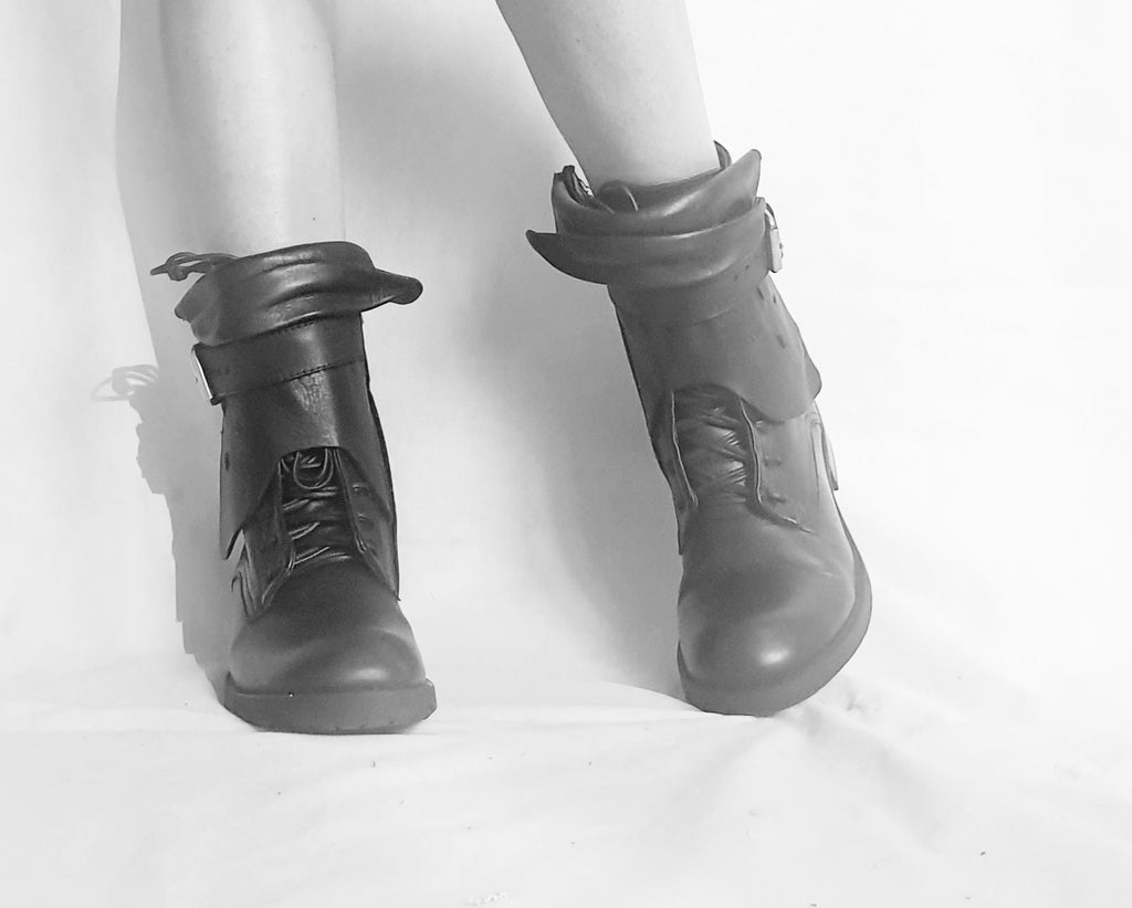 Black Leather Boots, Grunge Gothic Ankle Booties, Steampunk Women Footwear