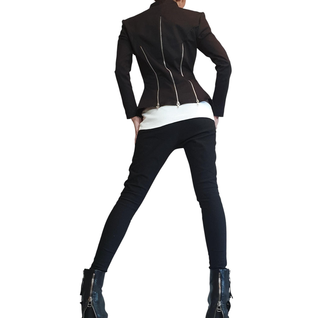 Black Fitted Zip Blazer, Structured Shoulders, Shaped Waist, Back Zip Panels, Plus Size