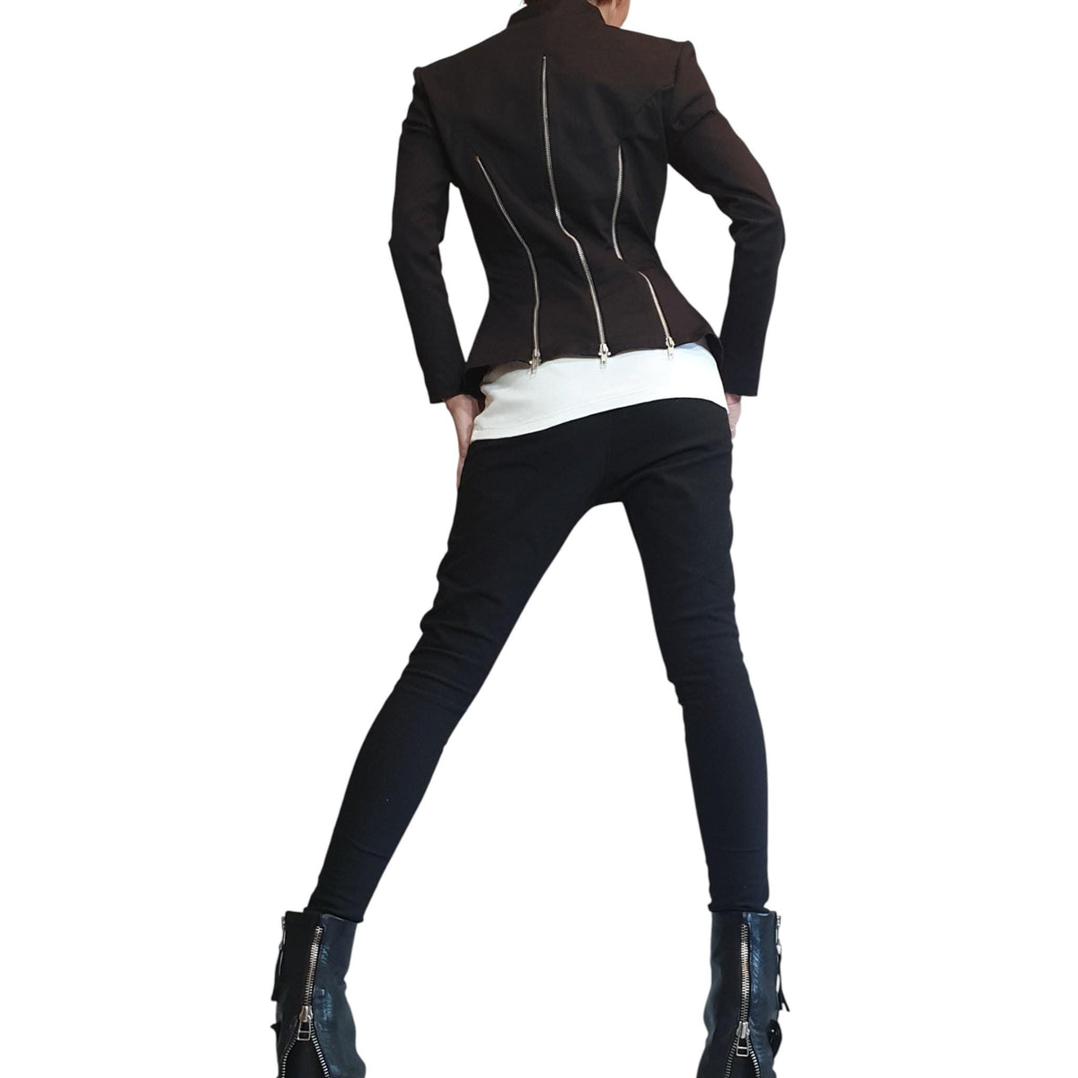 Black Fitted Zip Blazer, Structured Shoulders, Shaped Waist, Back Zip Panels, Plus Size