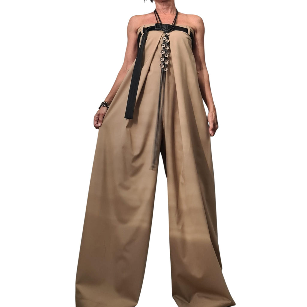 Wide Leg Jumpsuit, Sleeveless Bustier Overall, Beige Harem Jumpsuit