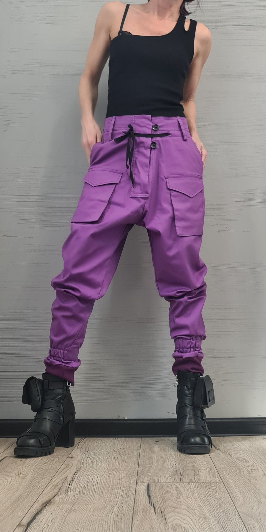Purple Cargo Harem Pants, Drop Crotch Tapered Leg, Cotton Trousers