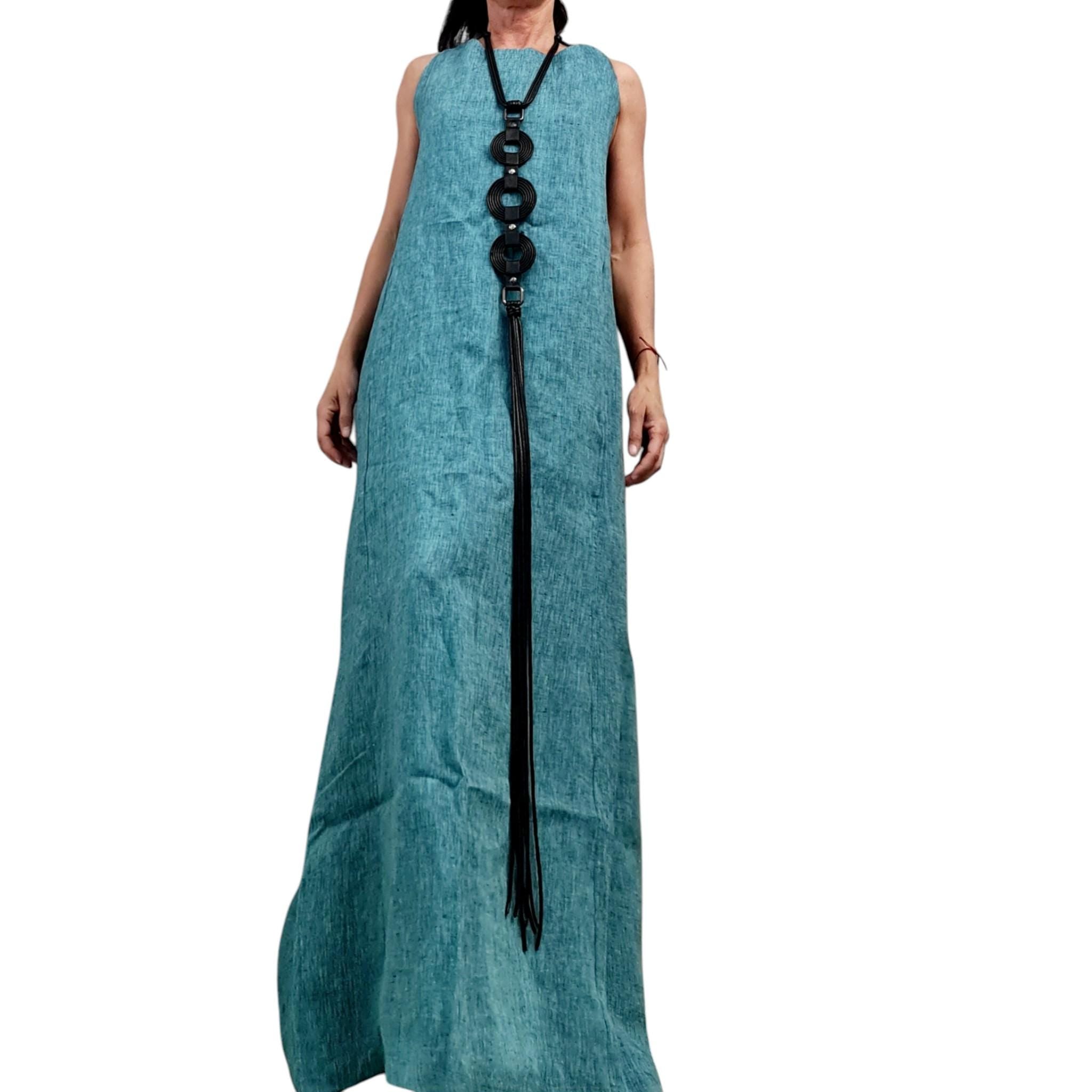 Turquoise Linen Maxi Dress for Women, Long Asymmetric Summer Dress, Convertible Loose Fit Clothing