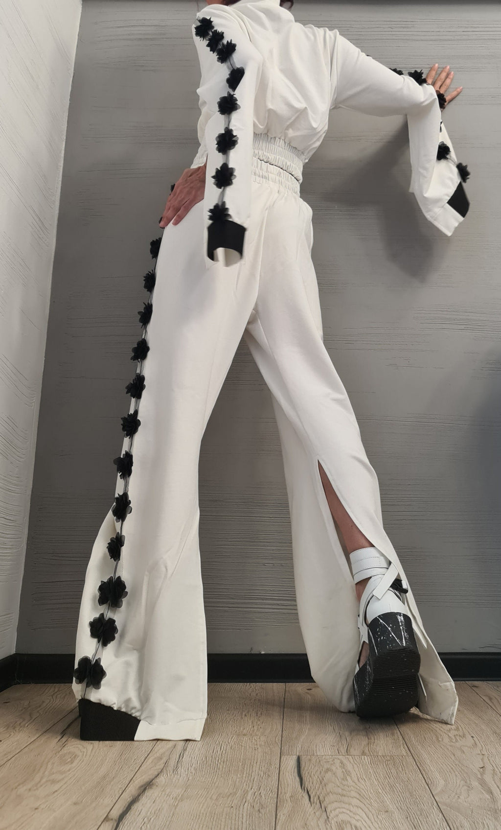 White Cotton Co-Ord Set, Floral Appliqué, Wide Leg Pants, Asymmetrical Sweatshirt