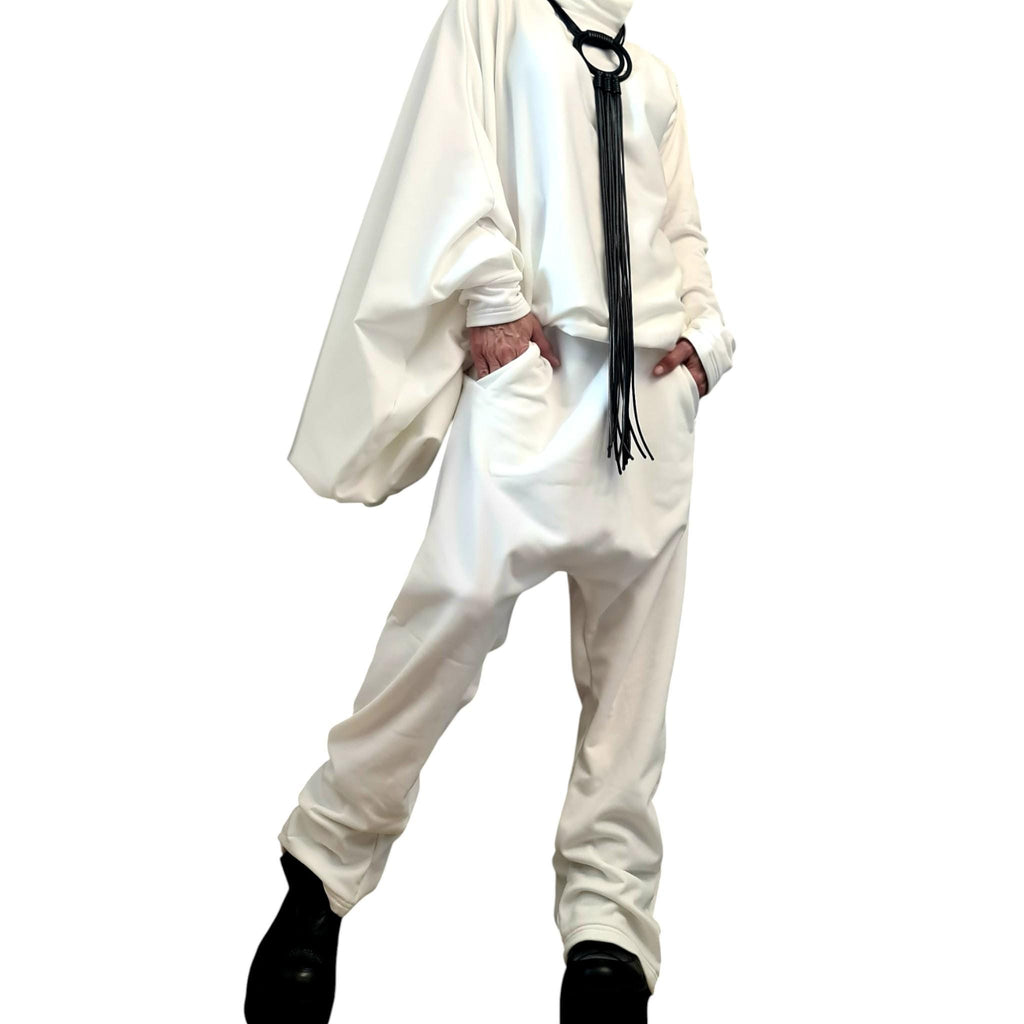White Cotton Drop Crotch Harem Pants, Oversized Asymmetrical Batwing Turtleneck Top, Two-Piece Co-Ord Set