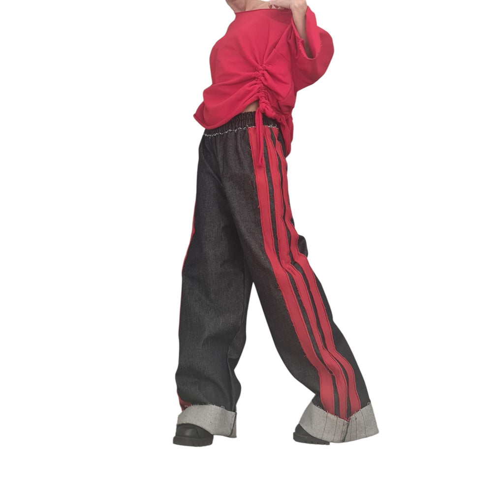 Red Ruched Cotton Blouse, Dark Denim Wide Leg Pants, Side Stripes, Cuffed Co-Ord Set