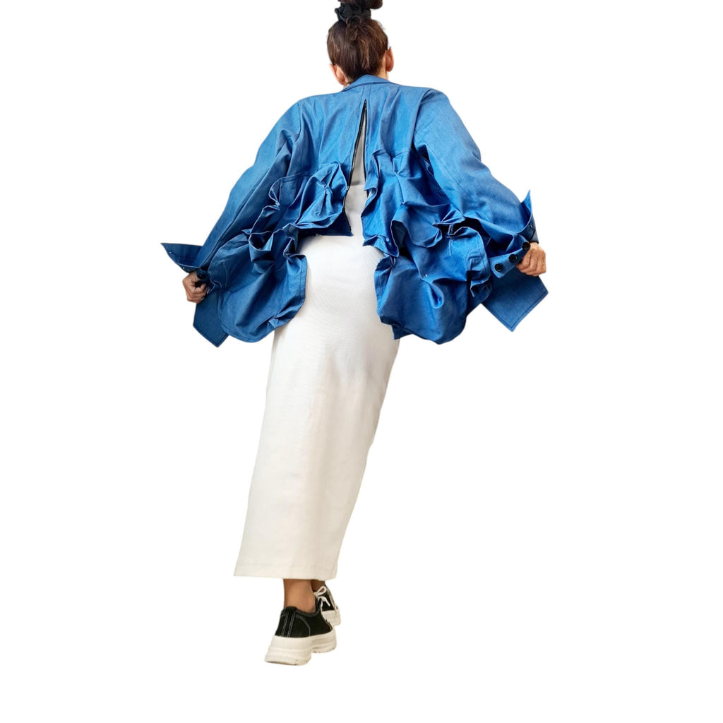 Asymmetric Ruffled Denim Jacket | Avant Garde Oversized Artistic Sculptural Outerwear | DDP USA