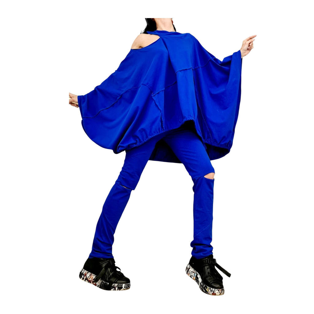 Royal Blue Cotton Leggings, Cutout Knees, Oversized Asymmetrical Draped Batwing Tunic, Two-Piece Co-Ord Set