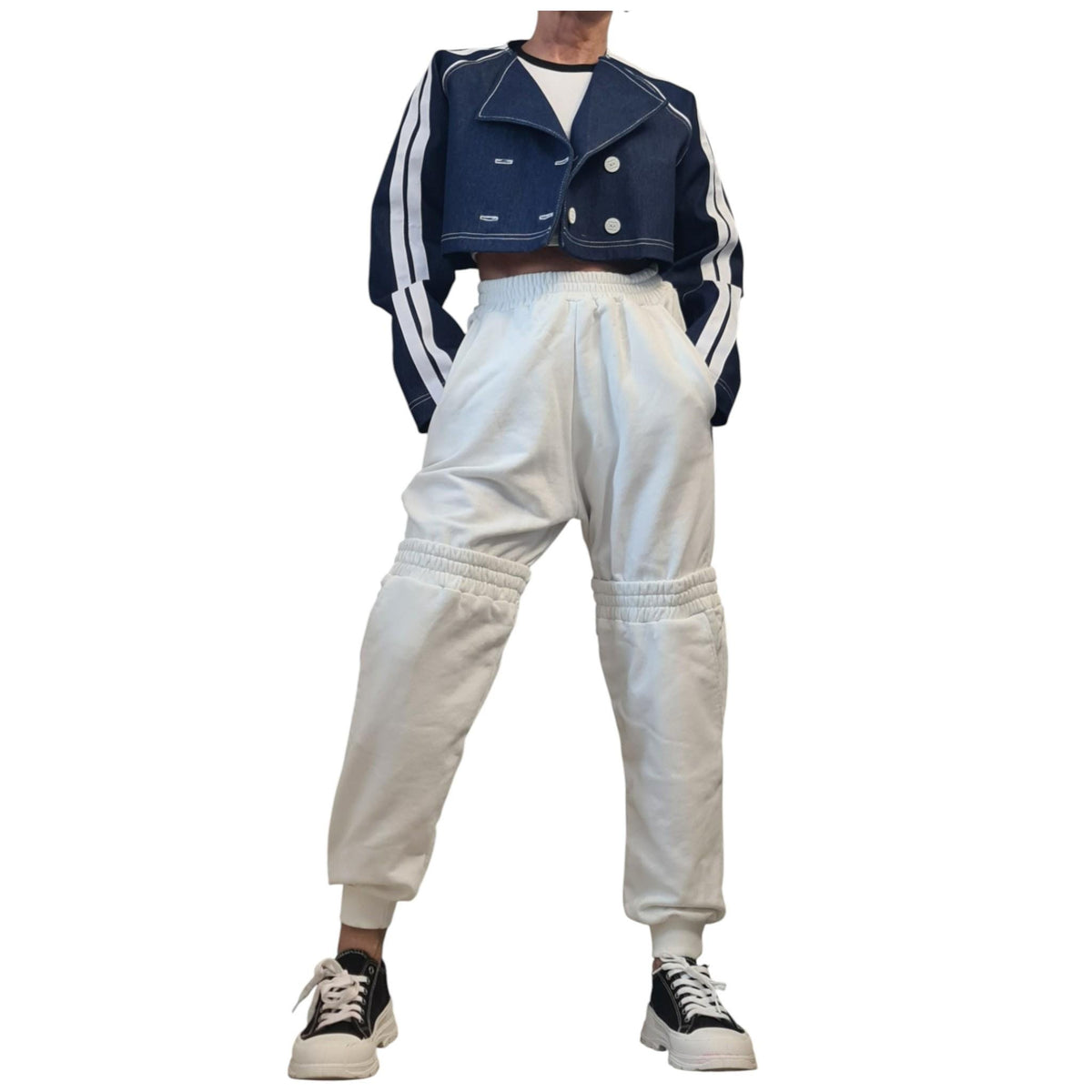 Denim Two Piece Trench Coat, Cropped Jacket and Long Hooded Vest, Oversized Asymmetrical Set