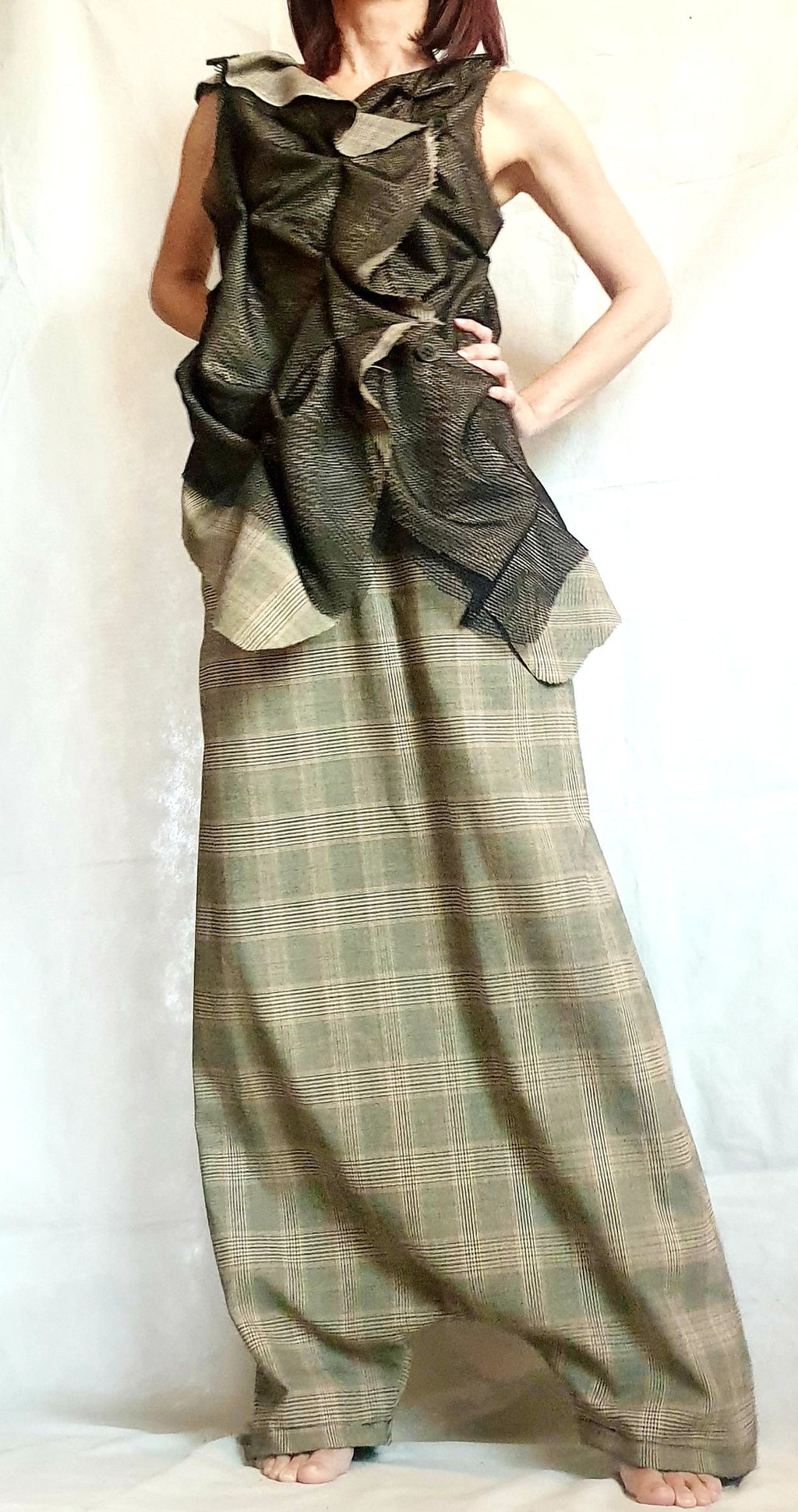 Plus Size Co-Ord Set, Plaid Harem Pants, Black Asymmetrical Vest with mesh