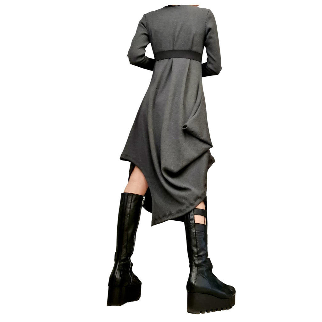 Grey Cotton Rib Dress, Long Sleeve Midi Dress, Avant Garde Loose Fit Kaftan