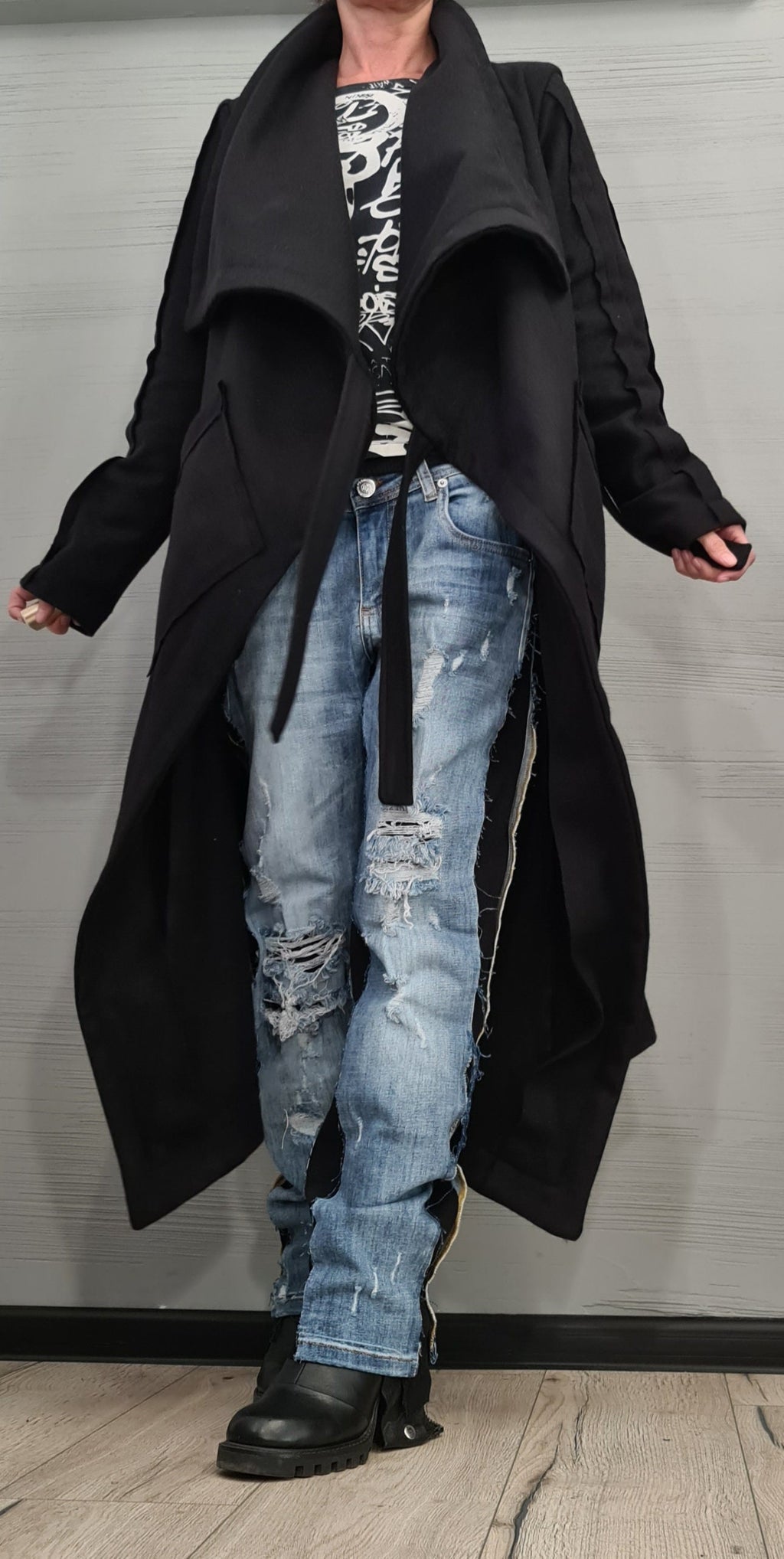Black Asymmetrical Maxi Coat, High Collar Winter Jacket, Oversized Patch Pockets