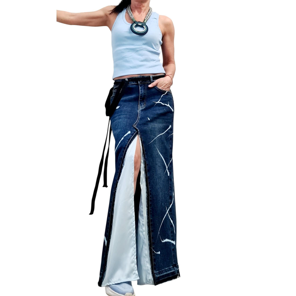 Asymmetric Denim Skirt Maxi Length Blue Satin Panel High Waist Avant Garde Clothing