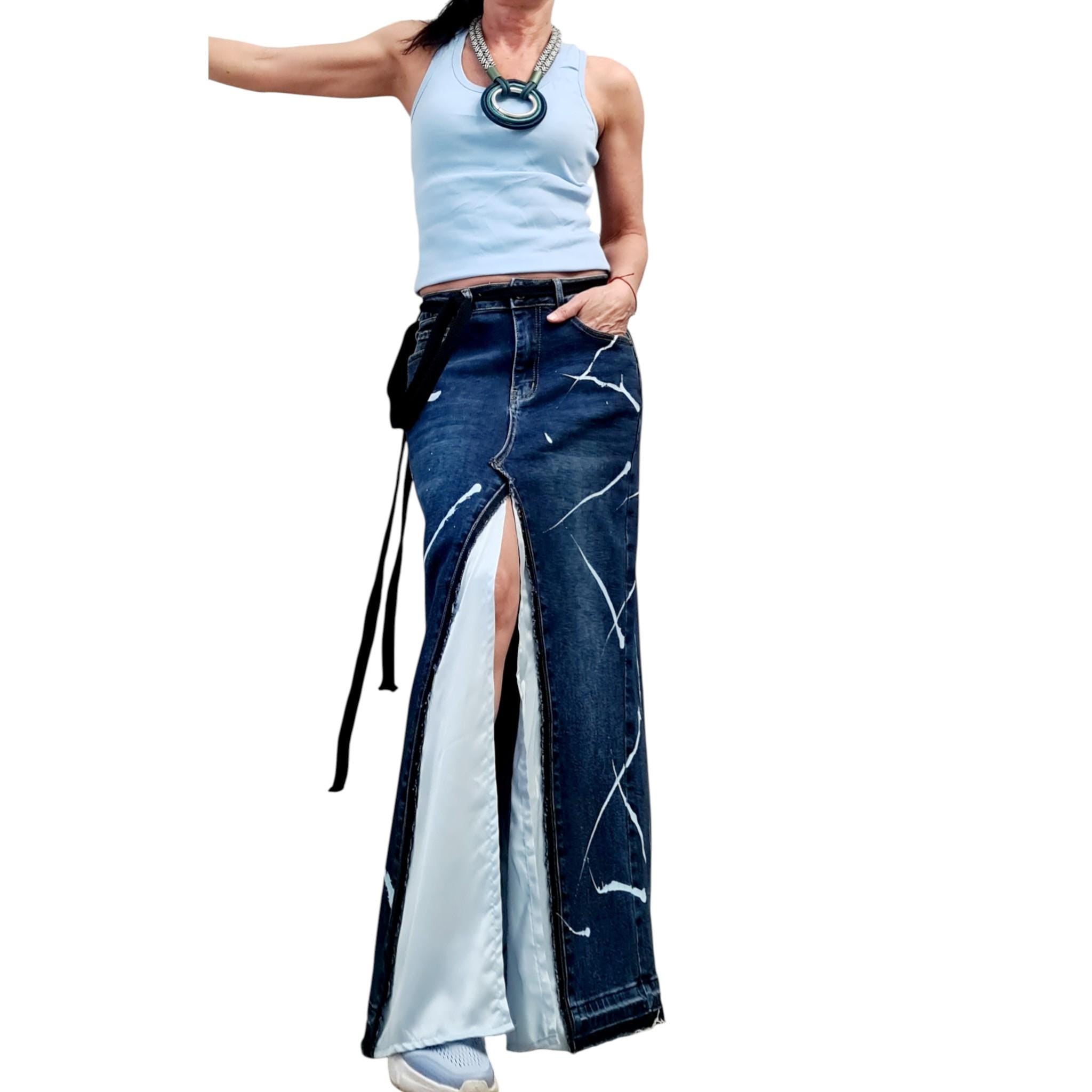 Asymmetric Denim Skirt Maxi Length Blue Satin Panel High Waist Avant Garde Clothing