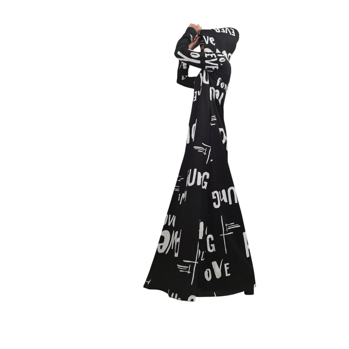 Avant Garde Black Hoodie Maxi Dress | Graffiti Print | Handmade Cotton Streetwear Outfit for Women
