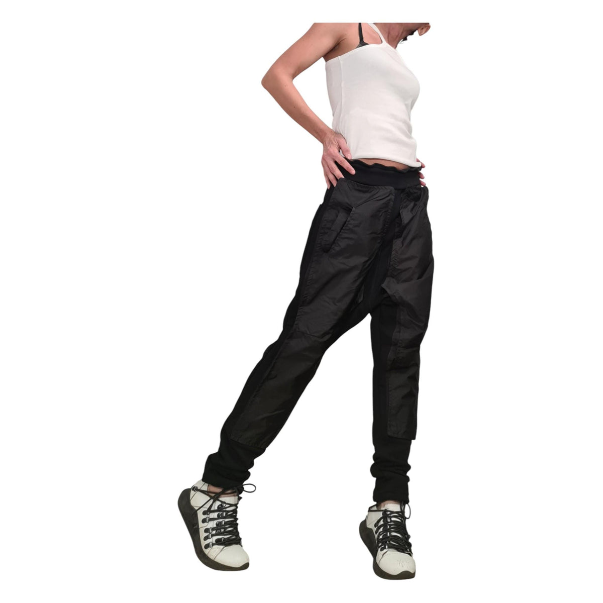 Black French Terry Baggy Harem Pants, Drop Crotch Cargo Trousers