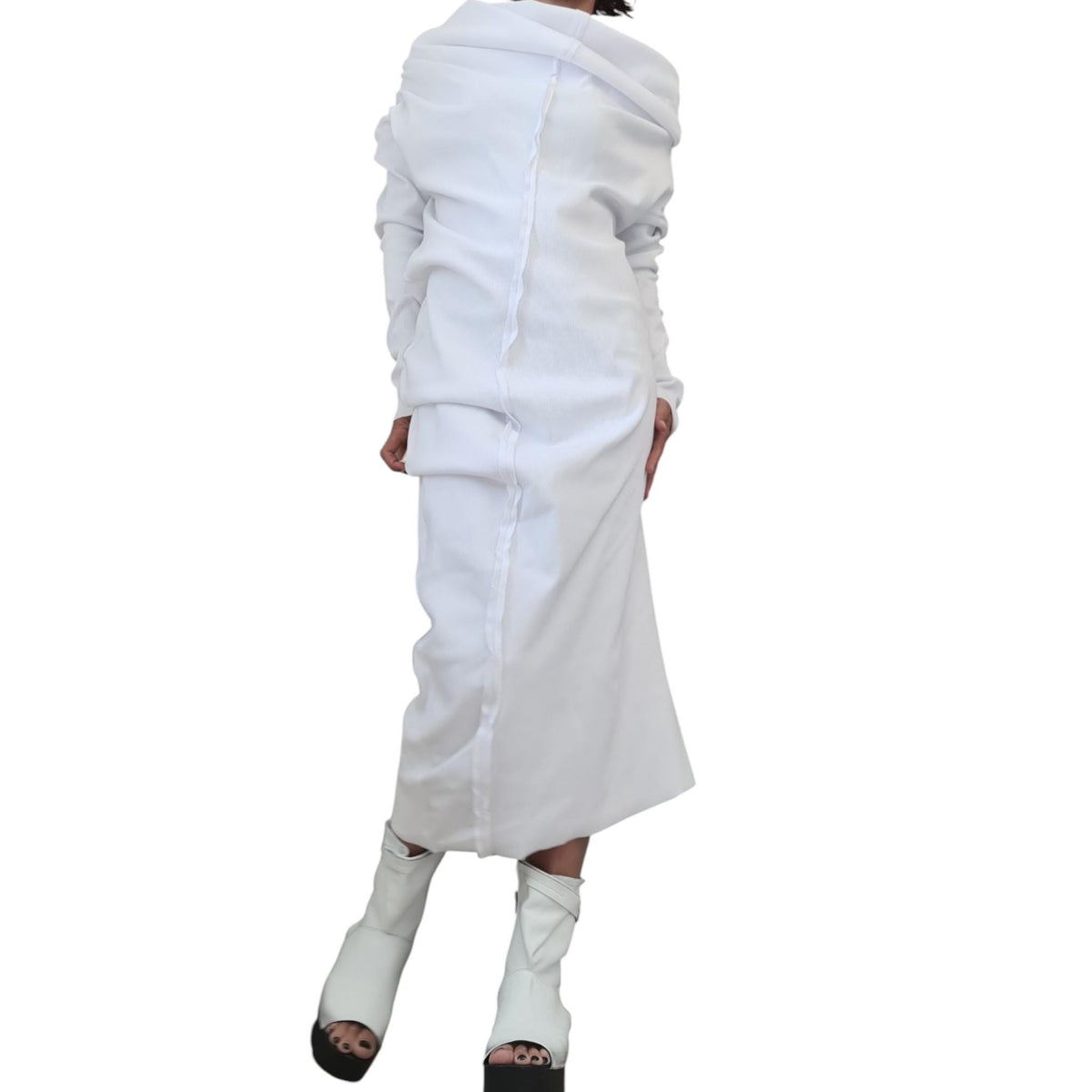 White Asymmetric Fit Cotton Dress, Plus Size Clothing,  Long Sleeve