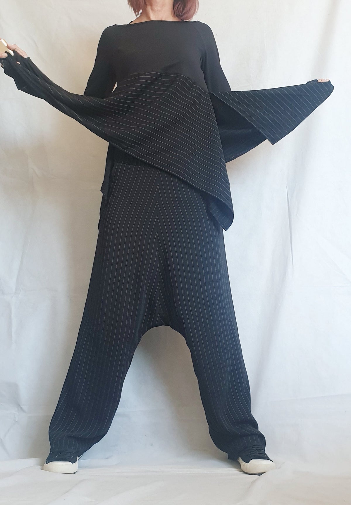 Black Pinstripe Drop Crotch Harem Pants, Asymmetrical Long Tunic, Thumbhole Sleeves, Two-Piece Co-Ord Set
