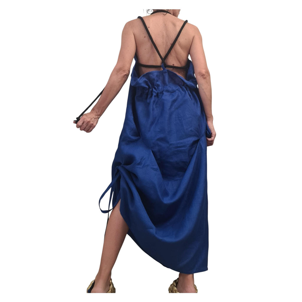 Royal Blue Linen Backless Dress with Adjustable Ties, Asymmetric Summer Maxi Tunic, Handmade Linen