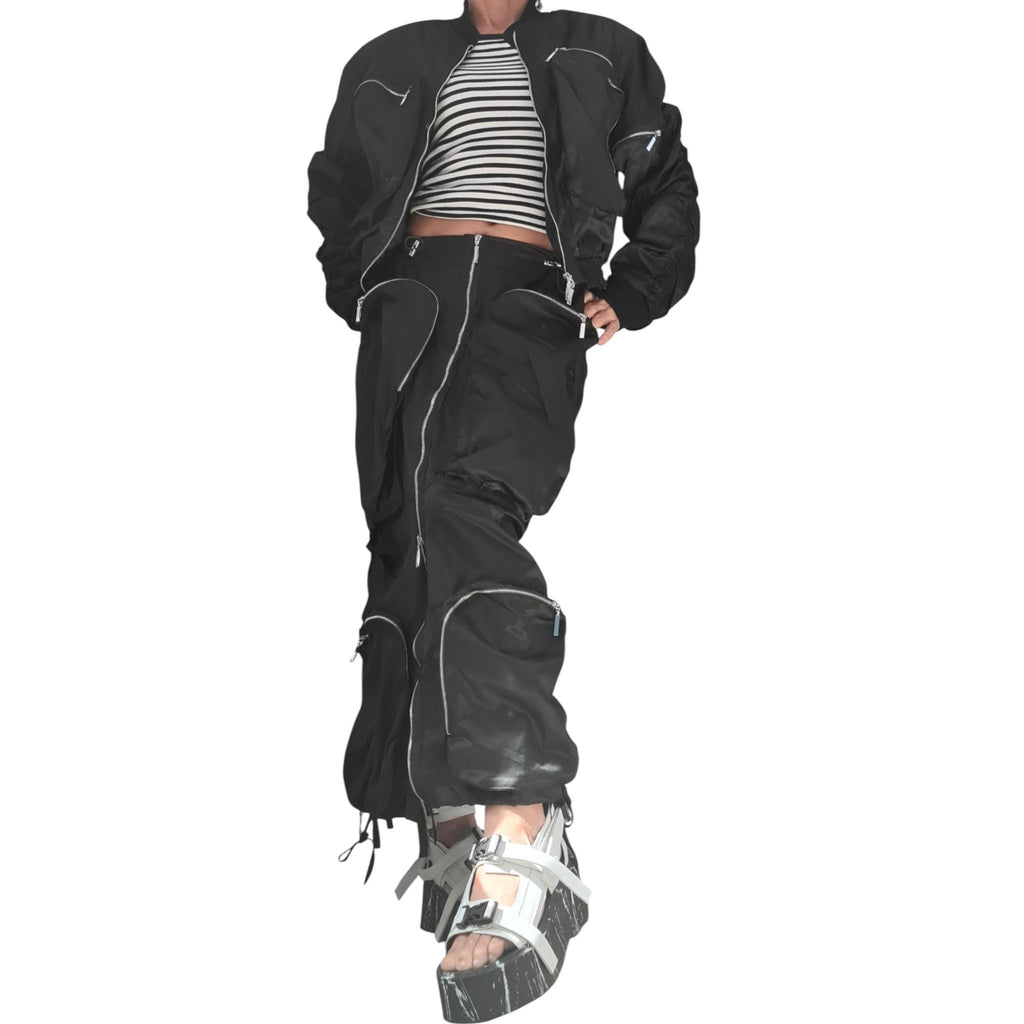 Black Cotton Sateen Cargo Maxi Skirt, Cropped Bomber Jacket, Zip Pockets, Two-Piece Co-Ord Set