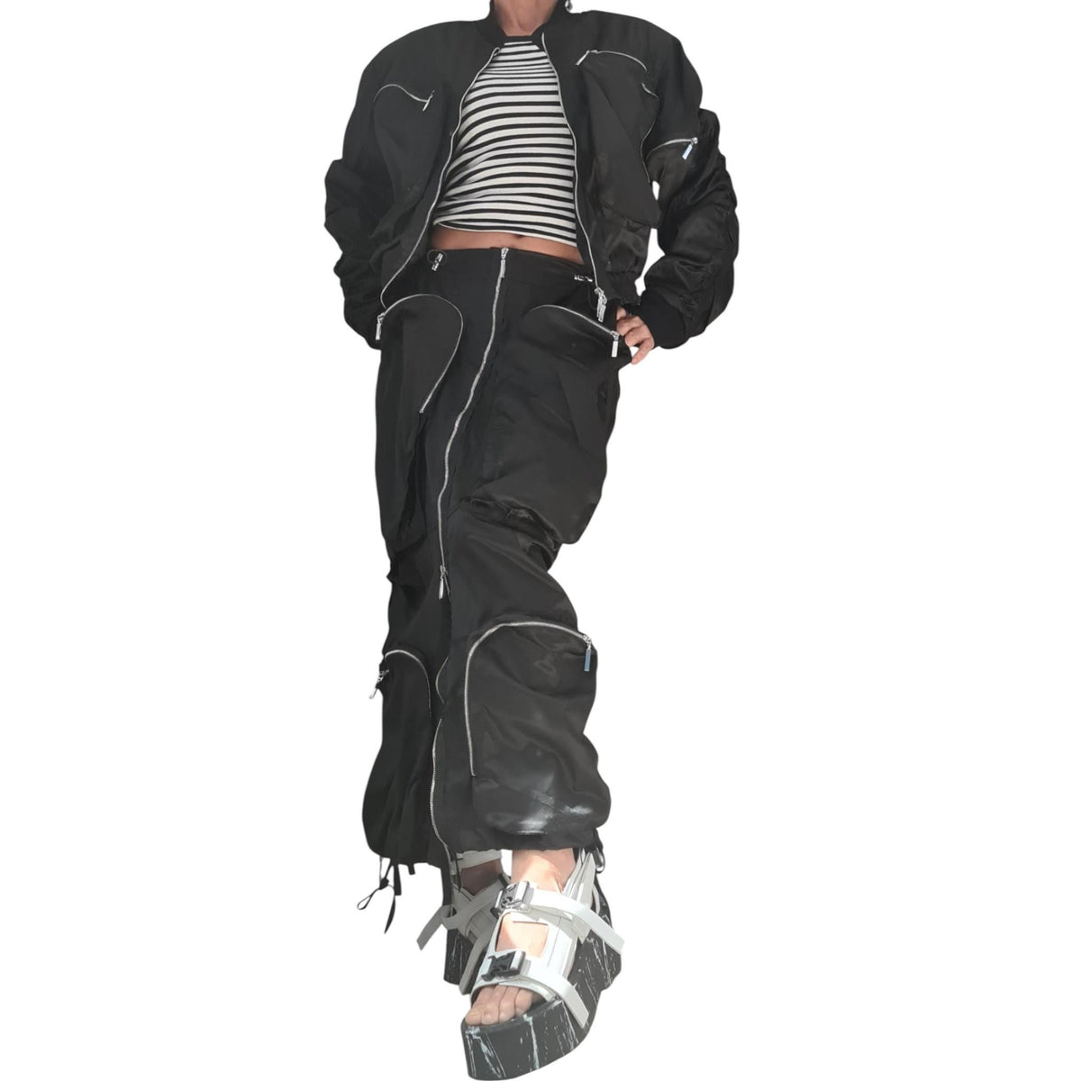 Black Cotton Sateen Cargo Maxi Skirt, Cropped Bomber Jacket, Zip Pockets, Two-Piece Co-Ord Set