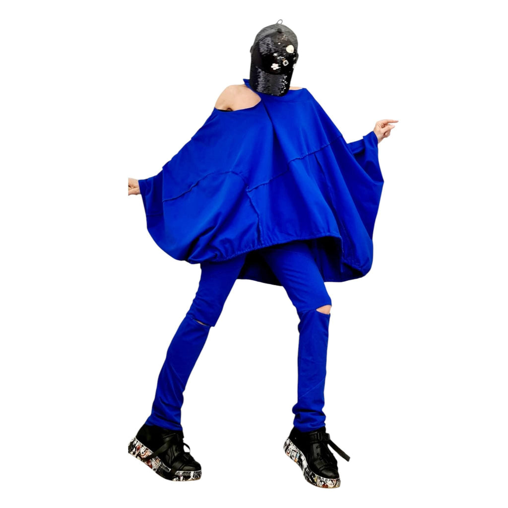 Royal Blue Cotton Leggings, Cutout Knees, Oversized Asymmetrical Draped Batwing Tunic, Two-Piece Co-Ord Set