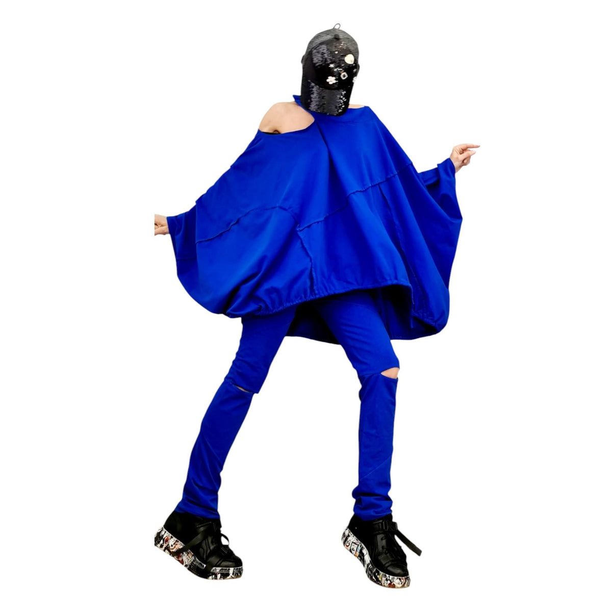 Royal Blue Cotton Leggings, Cutout Knees, Oversized Asymmetrical Draped Batwing Tunic, Two-Piece Co-Ord Set