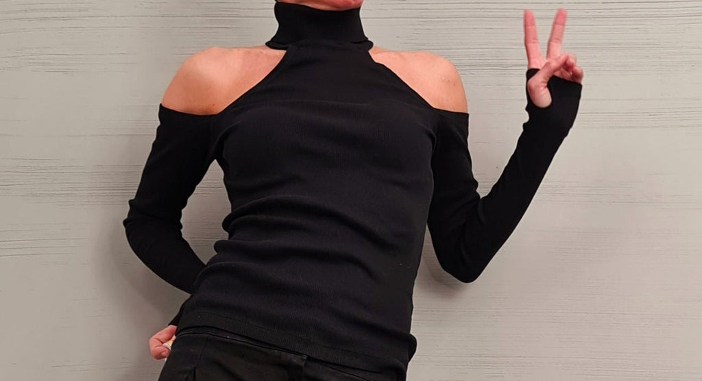 Black Cotton Turtle Neck Top | Open Shoulders, Thumb Holes | Avant Garde Women's Apparel