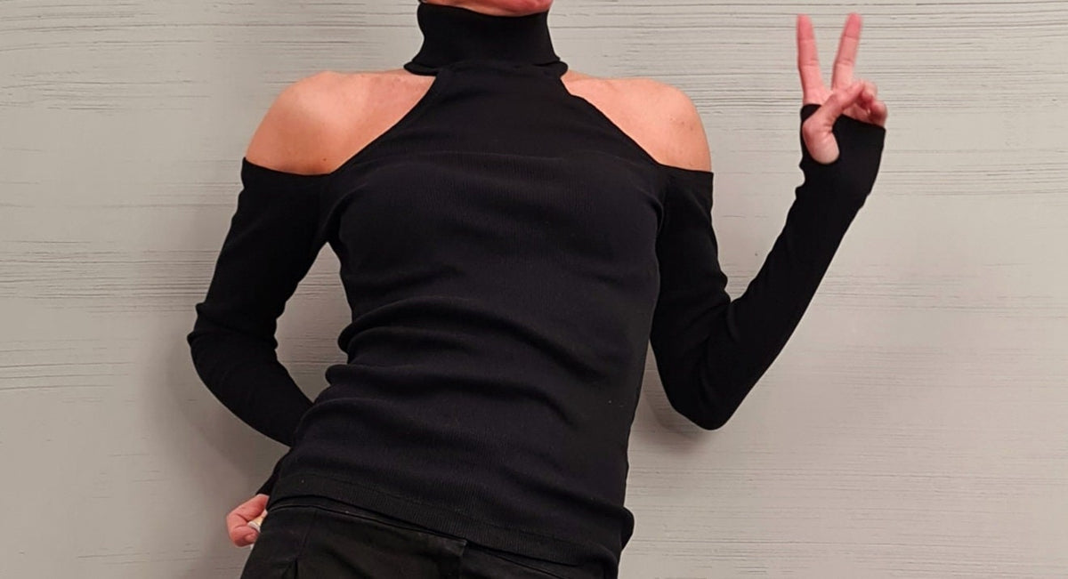 Black Cotton Turtle Neck Top | Open Shoulders, Thumb Holes | Avant Garde Women's Apparel