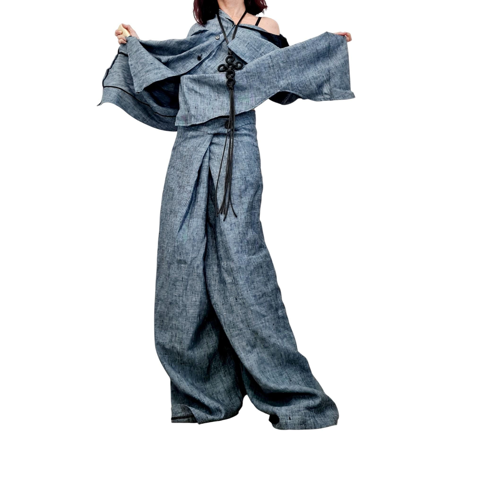Denim Linen Two Piece Set for Women, Open Back Shirt, Wide Leg Harem Pants Outfit