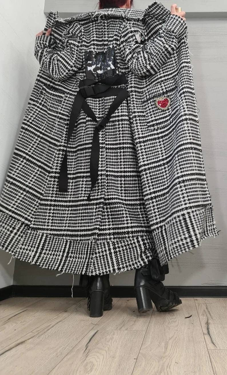 Black and White Plaid Coat, Long Belted Oversized Winter Jacket, Plus Size Cardigan