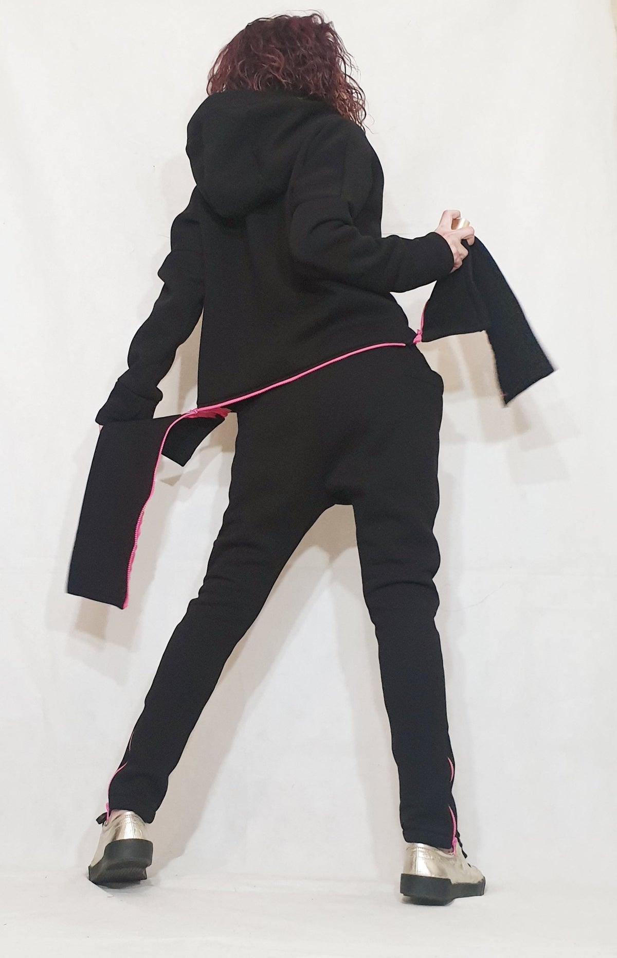 Black Cotton Drop Crotch Pants, Asymmetrical Hooded Sweatshirt, Pink Zipper, Two-Piece Co-Ord Set