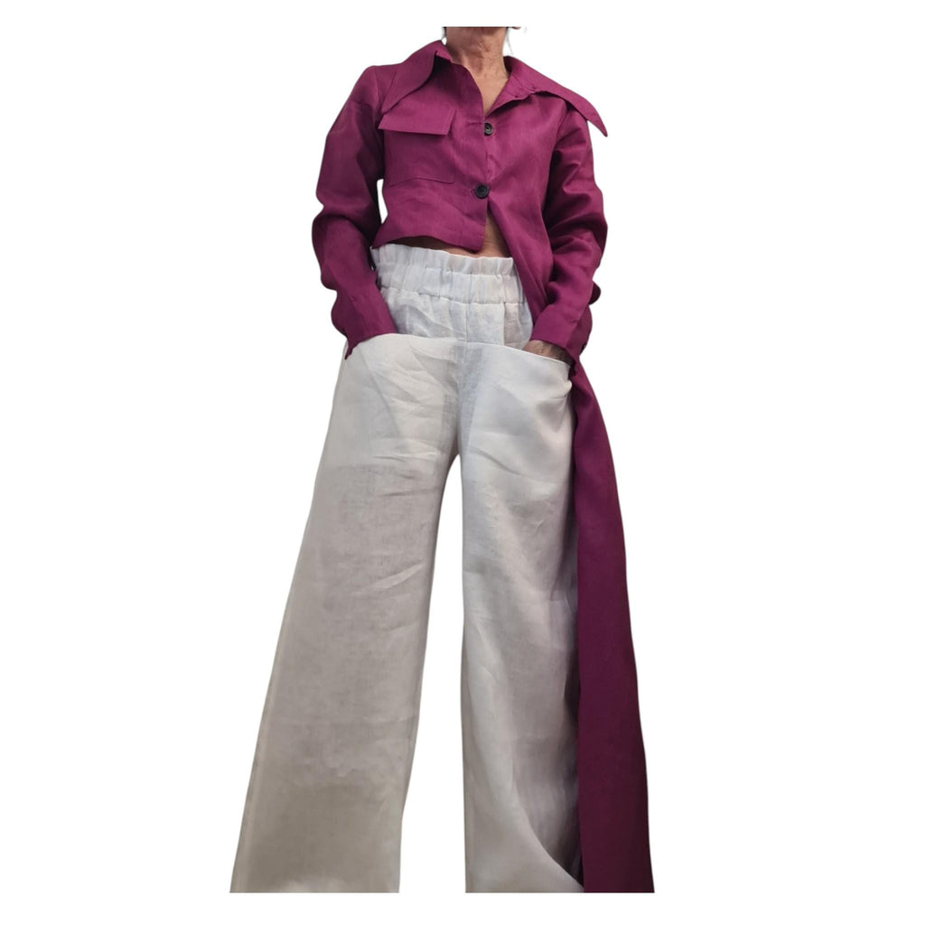Magenta Linen Shirt, One Shoulder Asymmetrical High Low Tunic for Women