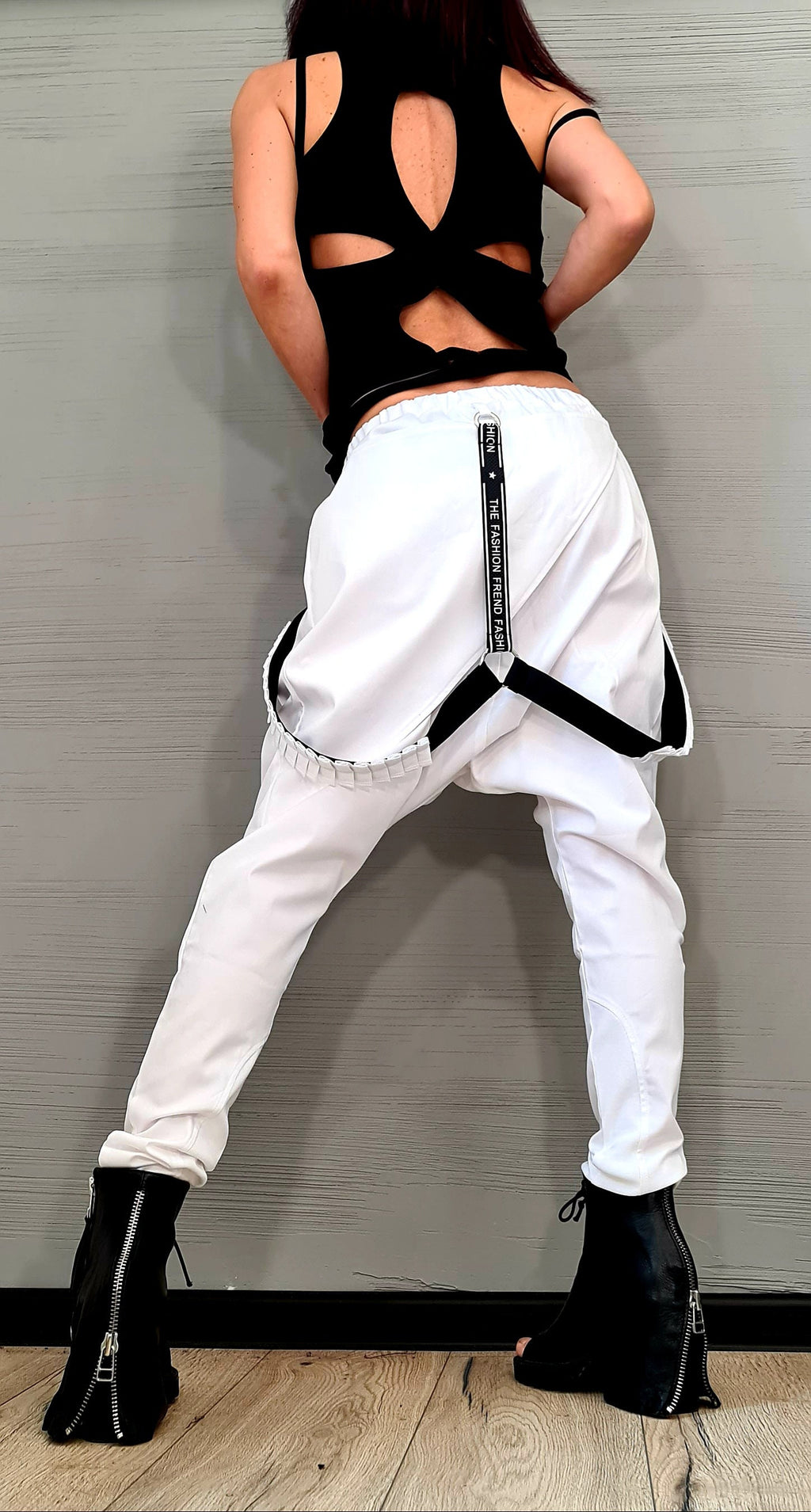 White Harem Pants, Wrap Front Design, Slim Leg, Decorative Suspenders, Wedding Outfit