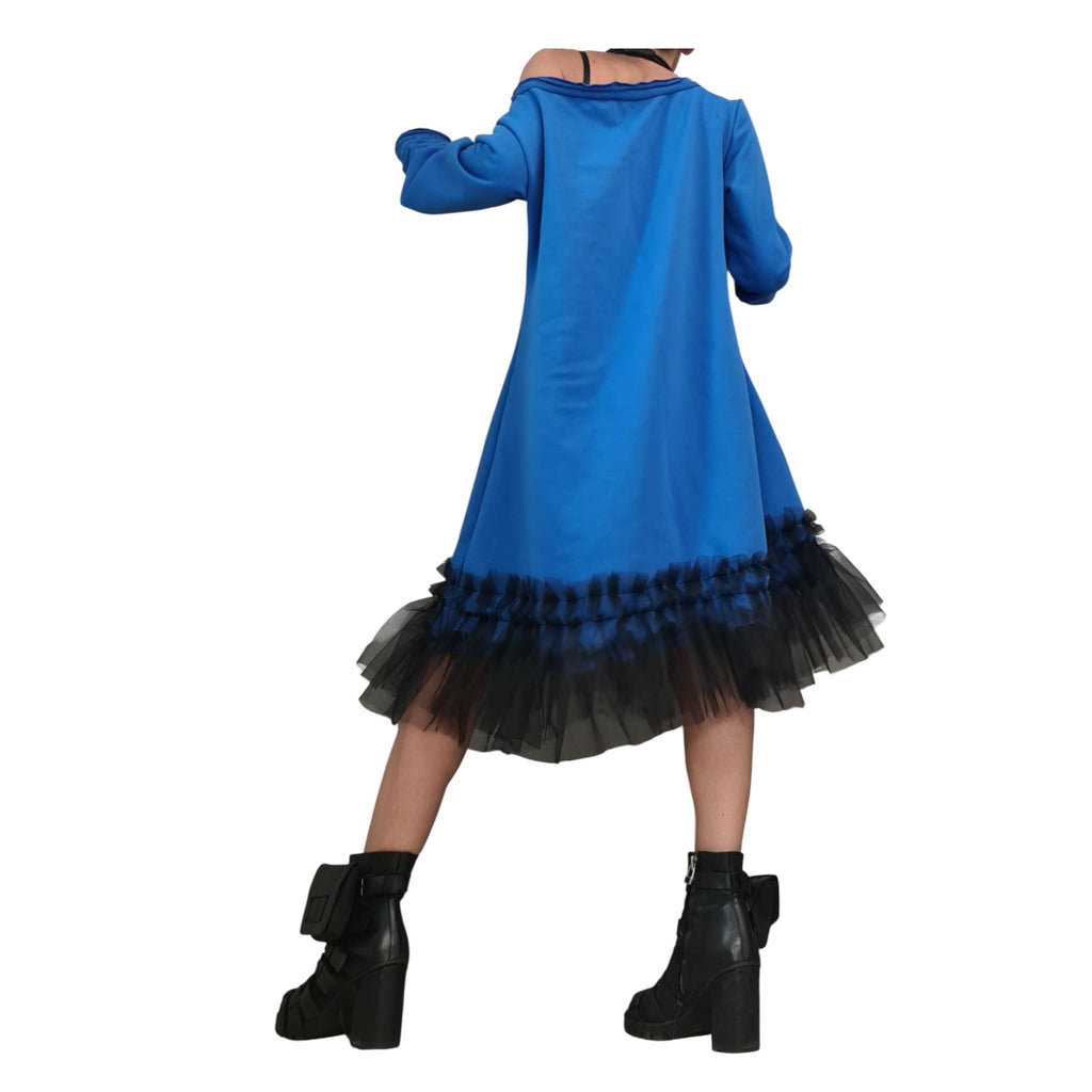 Royal Blue Off Shoulder Dress - Black Tulle Hem, Loose Fit
