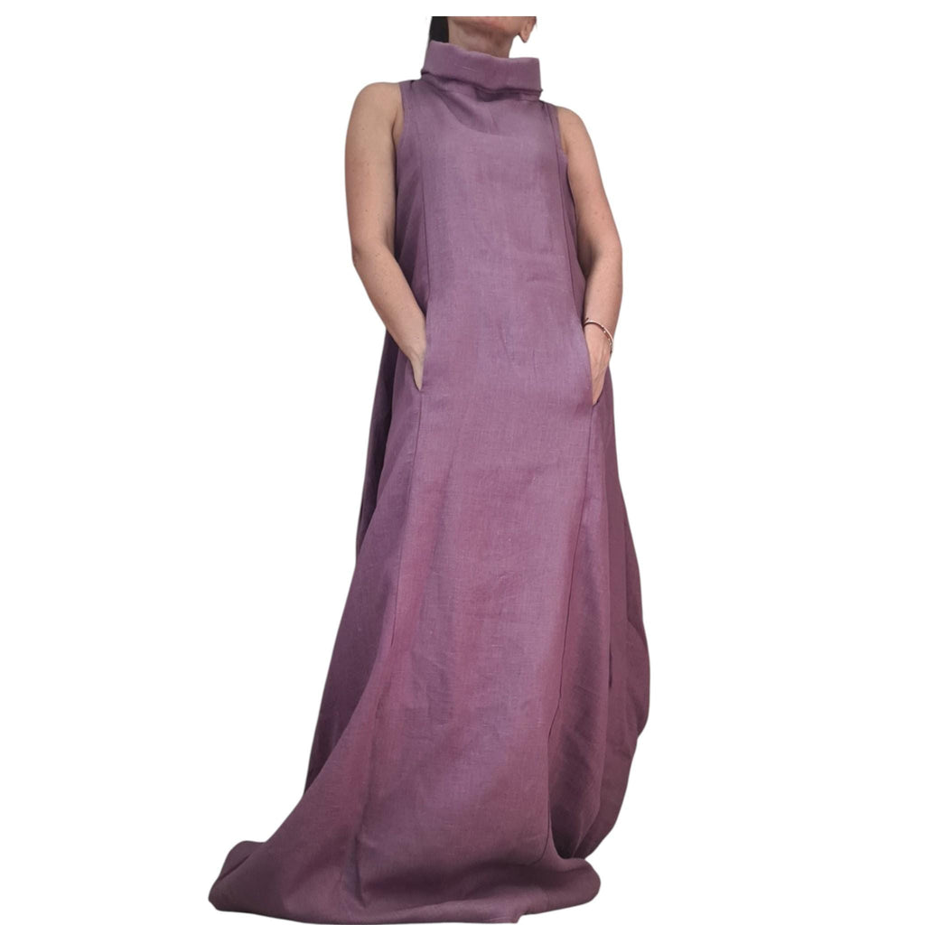 Lavender Linen Maxi Dress, High Neck Sleeveless Balloon Silhouette, Boho Style, Plus Size